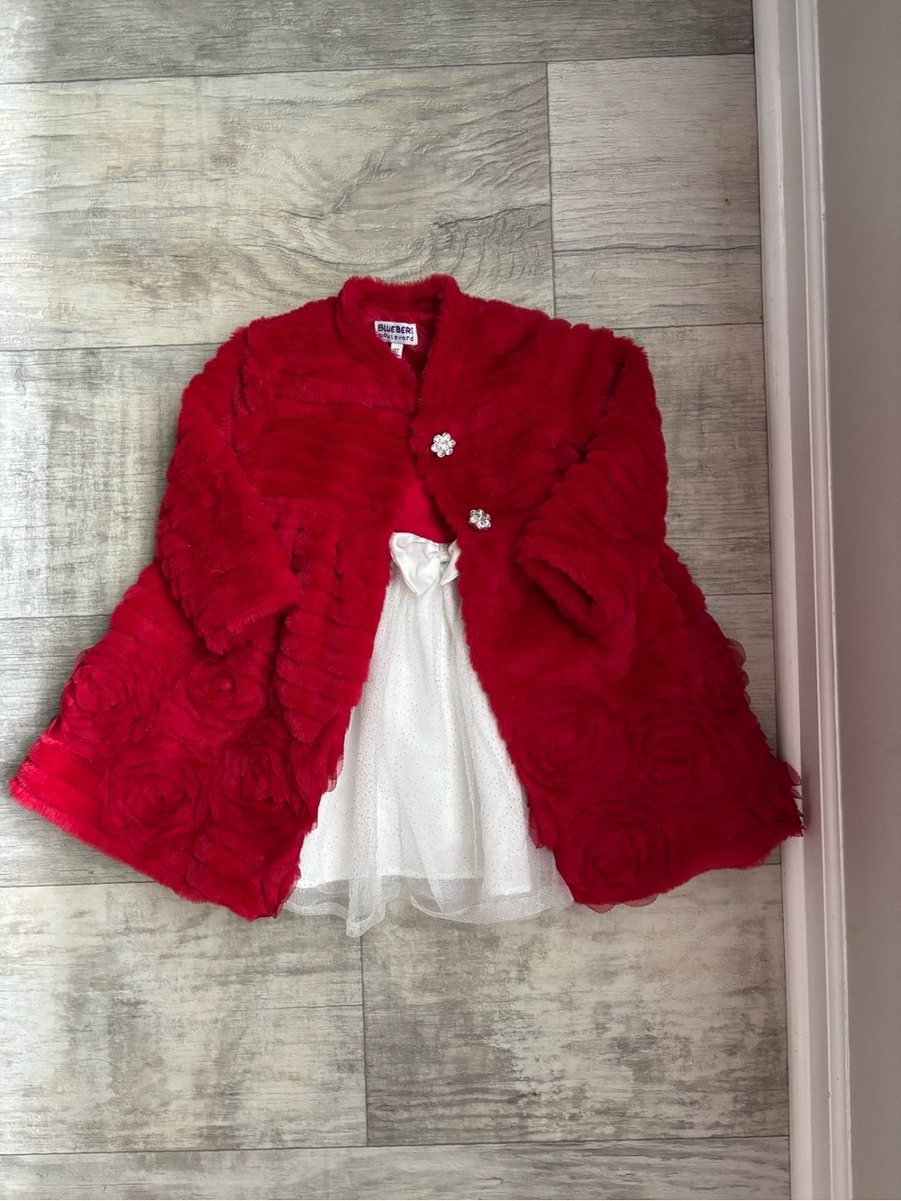 Blueberry Boulevard Toddler Girls Red Faux Fur Coat & Sparkle Dress Set  2t-120